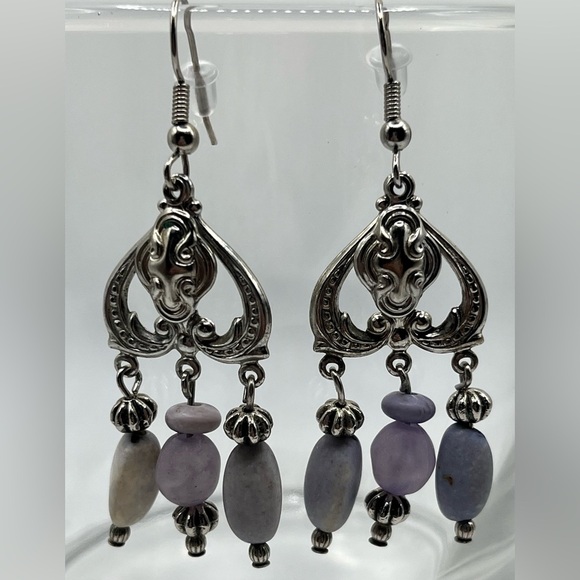 Boho Vintage Style Dangle Earrings – Silver & Purple Beads - Picture 1 of 2